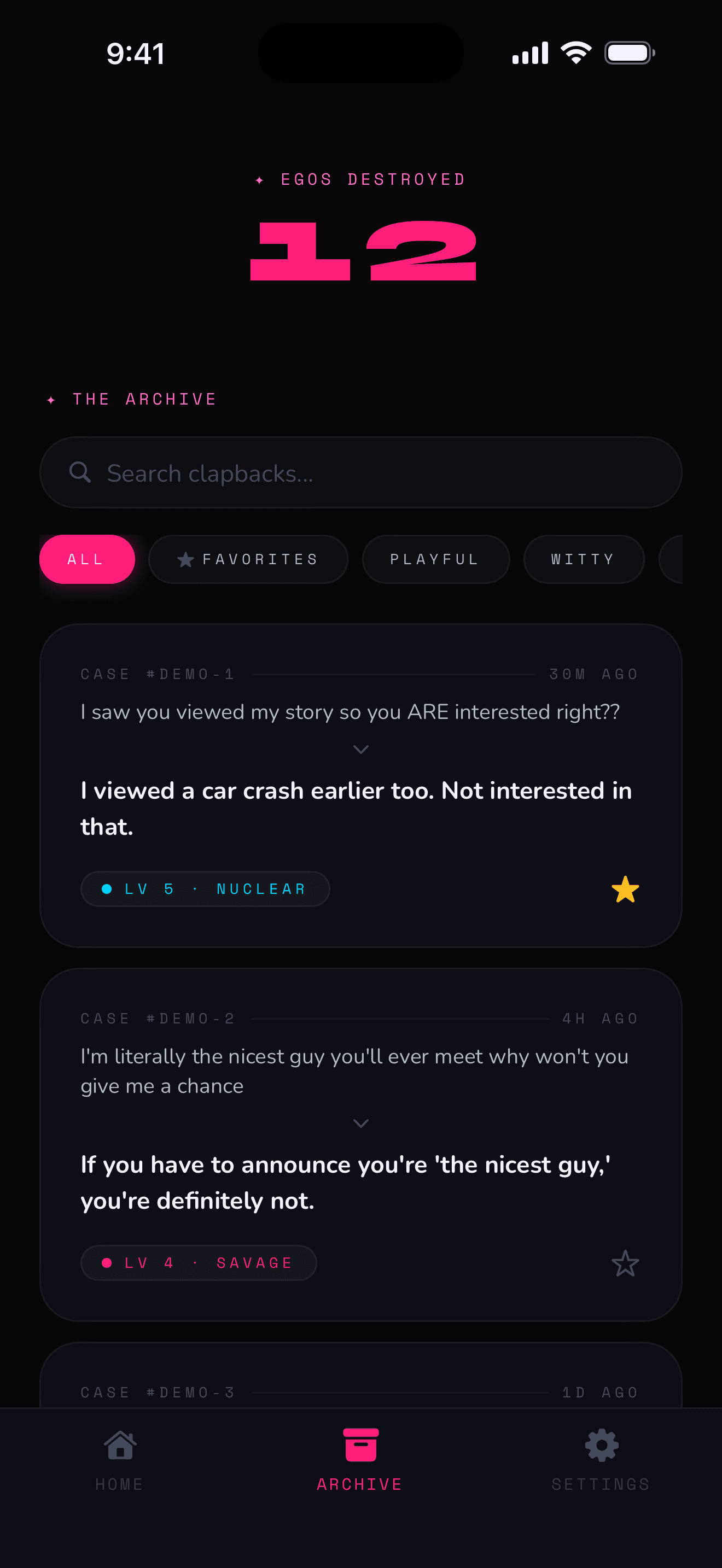 The Archive — your past clapbacks, favorited and searchable