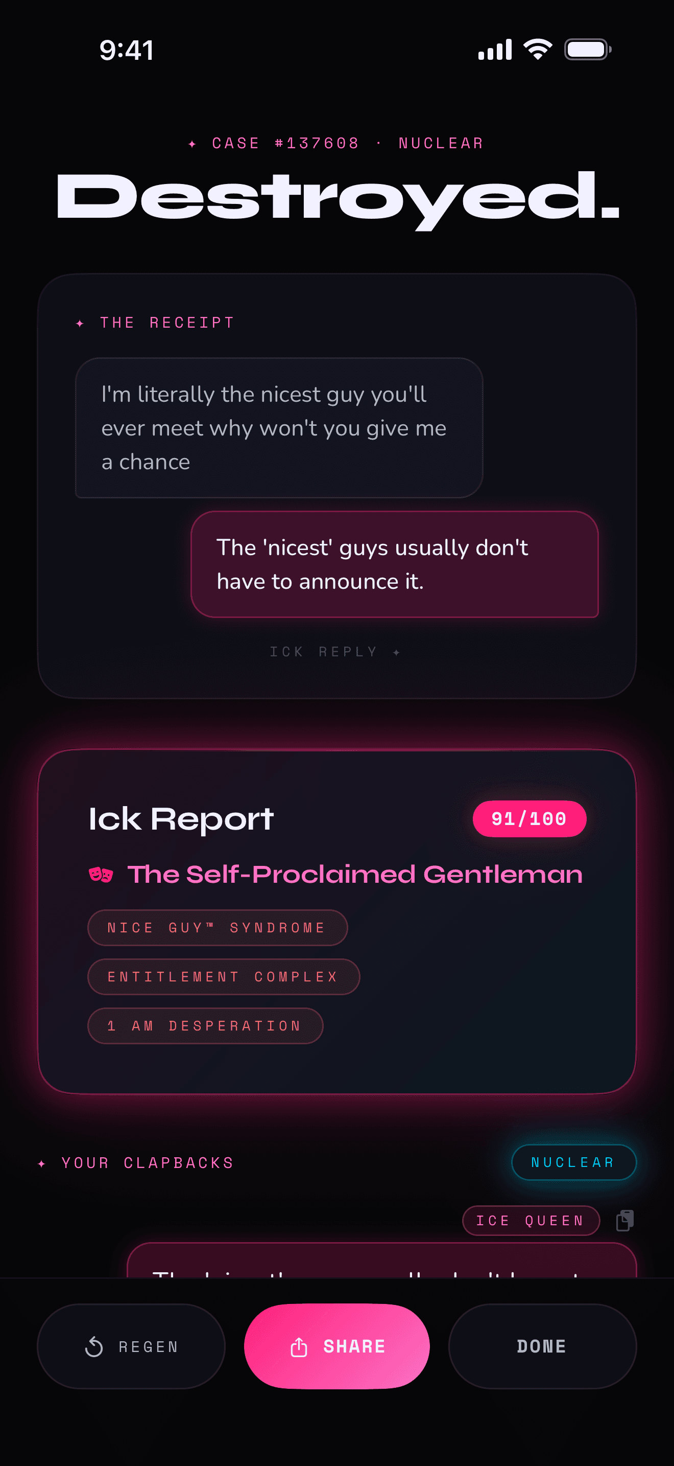 Ick Report — cringe score, archetype, red flags pulled from the DM