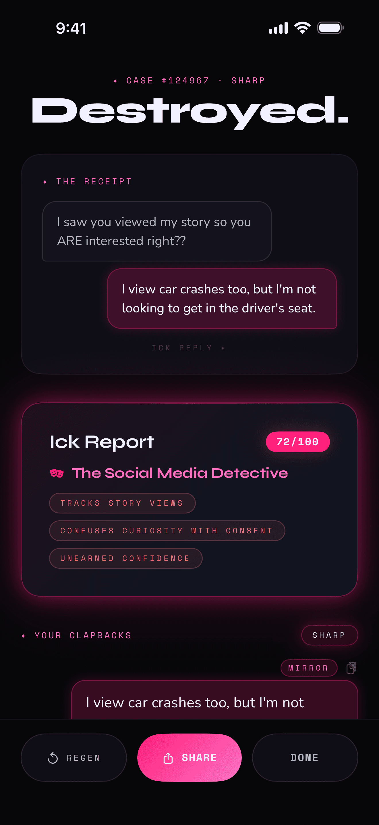 Three AI-crafted clapbacks delivered with the Ick Report